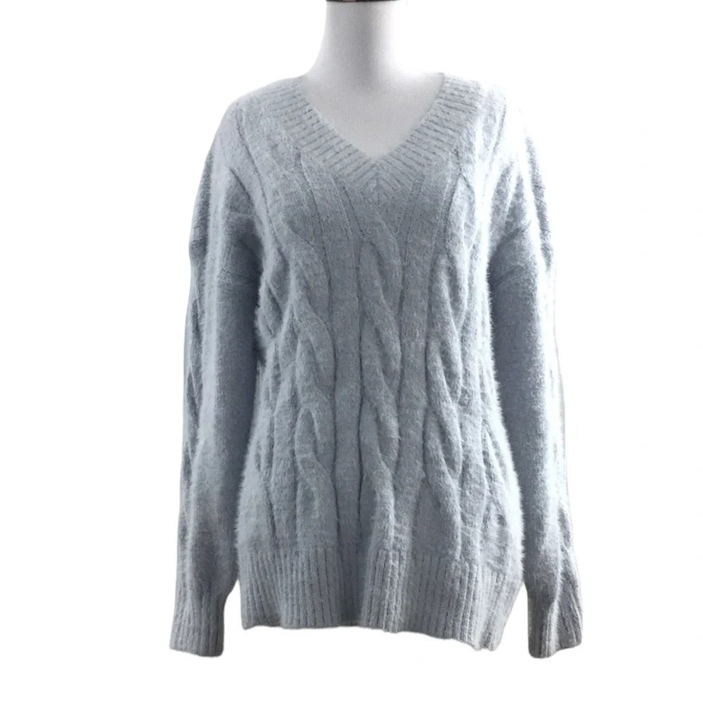 Lucky Brand Light Blue Cable Knit Sweater Womens Small Plush V Neck Pullover